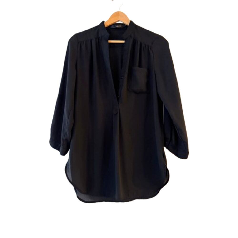 Fun2fun Henley Sheer Blouse Top Size S Black Roll Tab Sleeve Split Neck Pocket